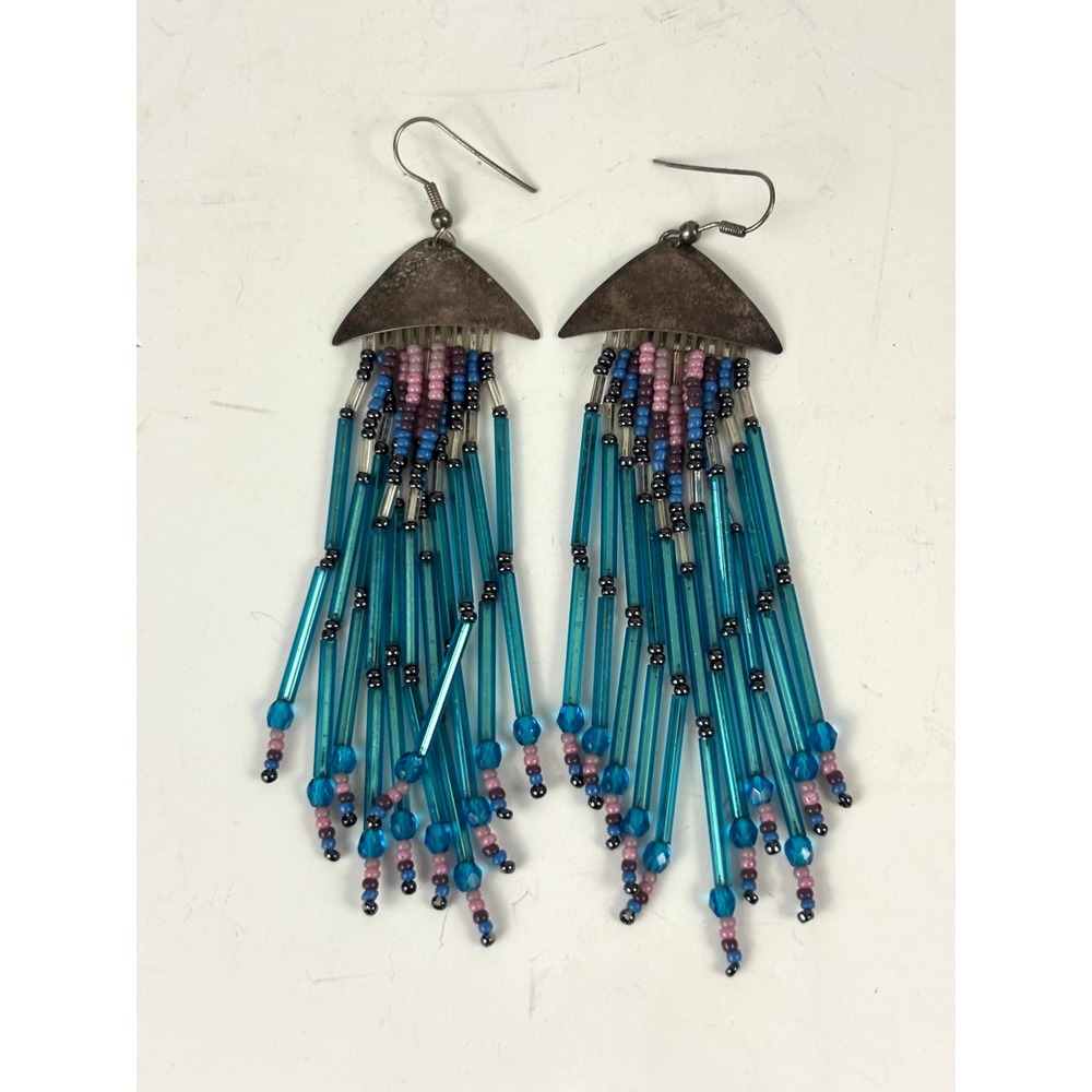 Vintage Southwestern Beaded Fringe Dangle Earrings Blue Glass Tube Beads